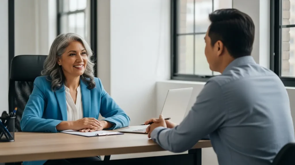 An introverted coach meeting with her coachee in a home office
