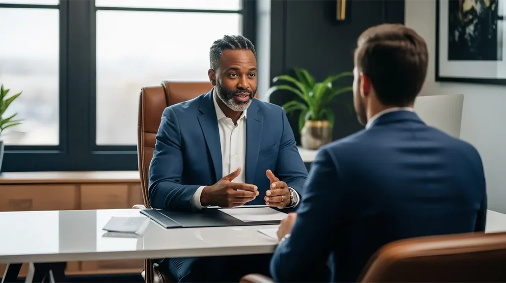 A man having a coaching conversations with his coachee