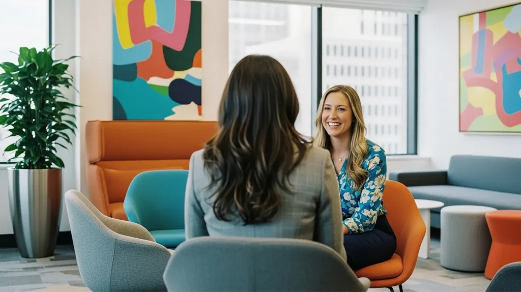 A woman using coaching techniques with her coachee in a colorful office