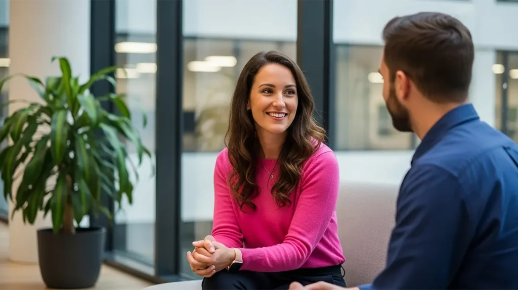 A woman having coaching conversations with her coachee in a modern-inspired office