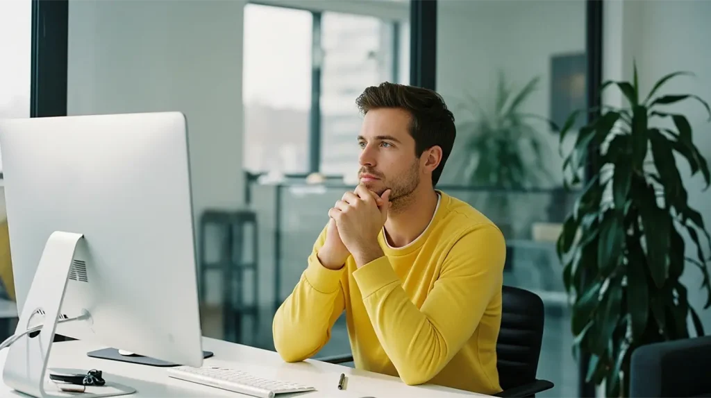 A man sitting in front of a computer and thinking of how to achieve your goals as a coach