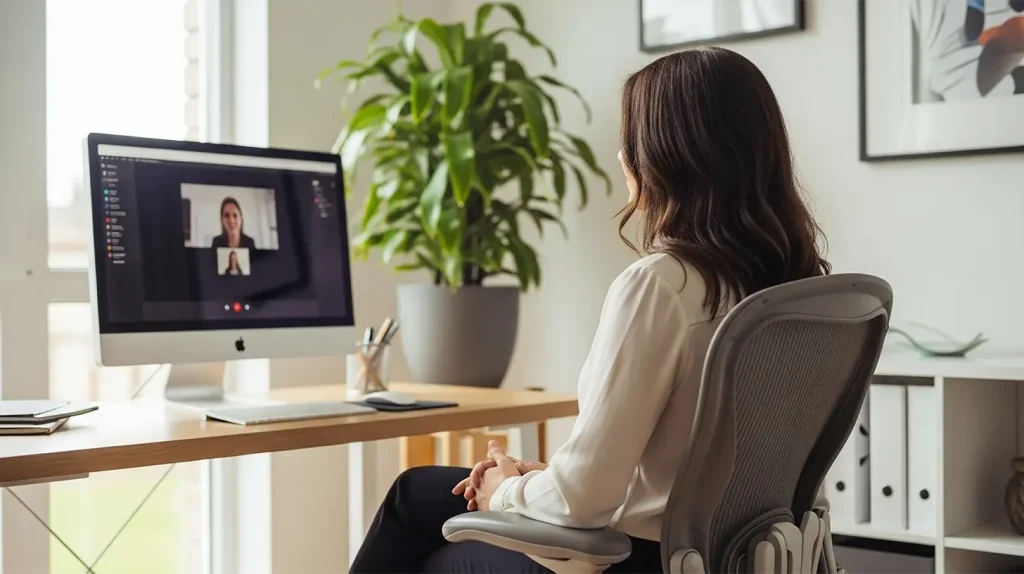 A woman having an online session with her coachee and avoiding coaching mistakes