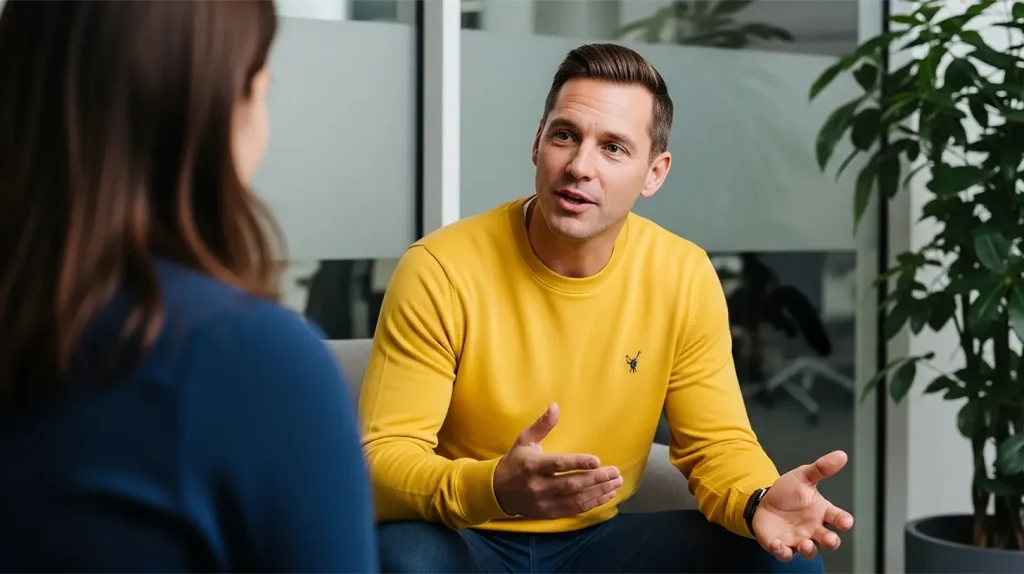 A man speaking to an expert coach in an office with glass walls