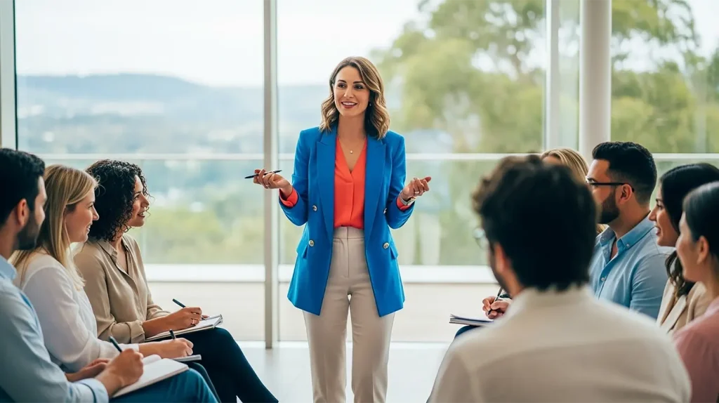 A woman holding a group coaching session at a company retreat