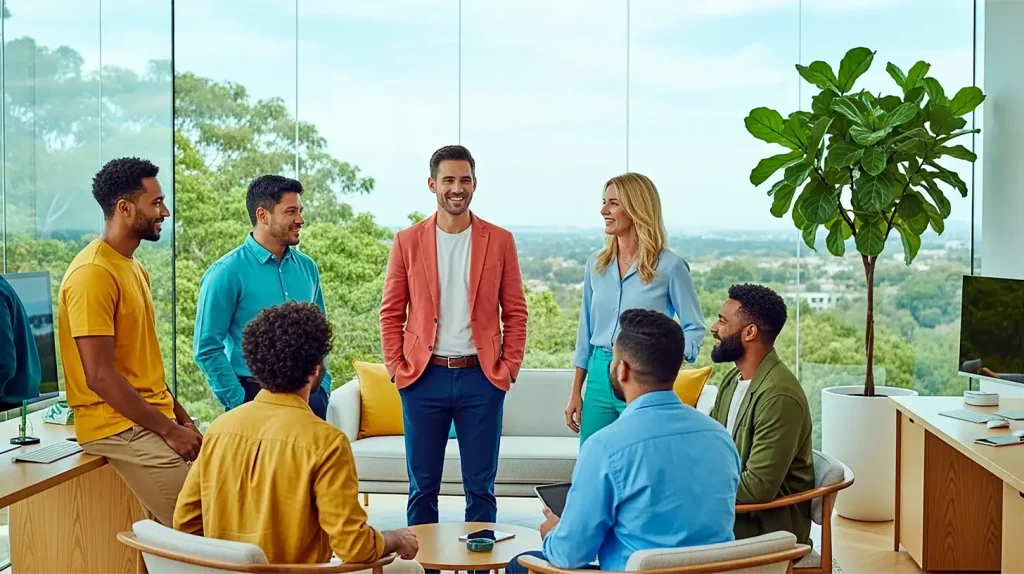 A man with leadership traits talking to his employees