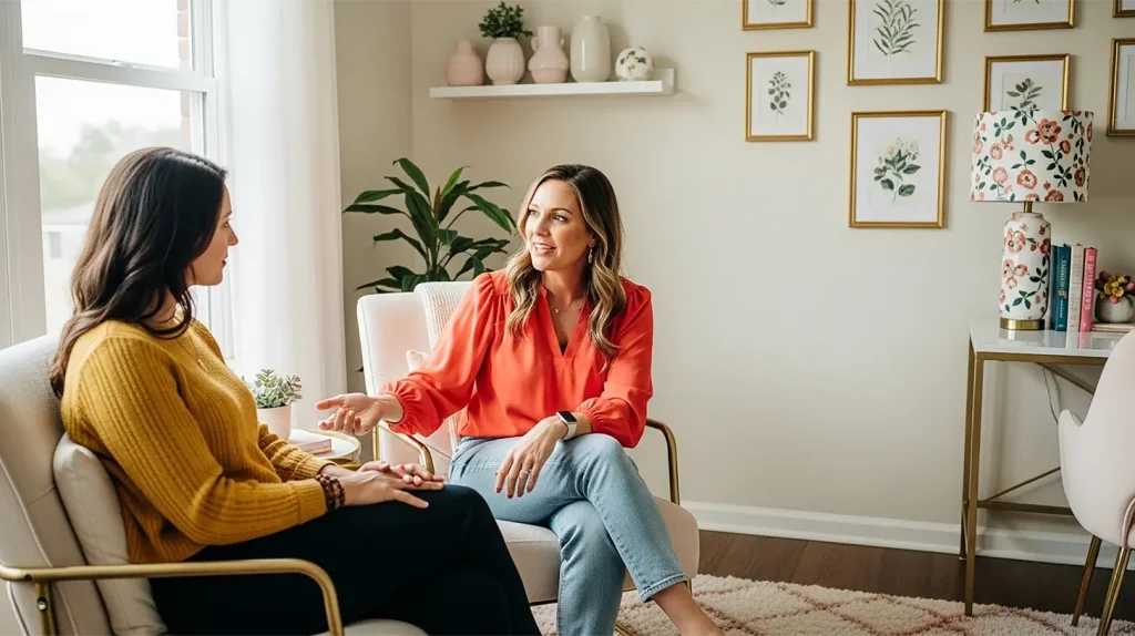 A coach putting boundaries with clients in a comfy room