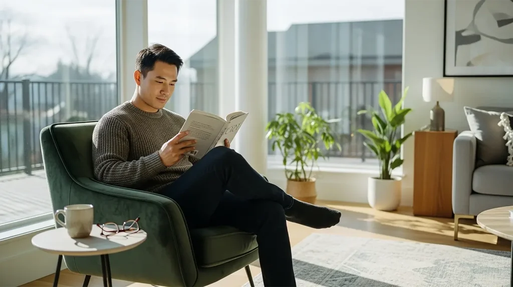 A man reading coaching books while sitting in a comfortable chair