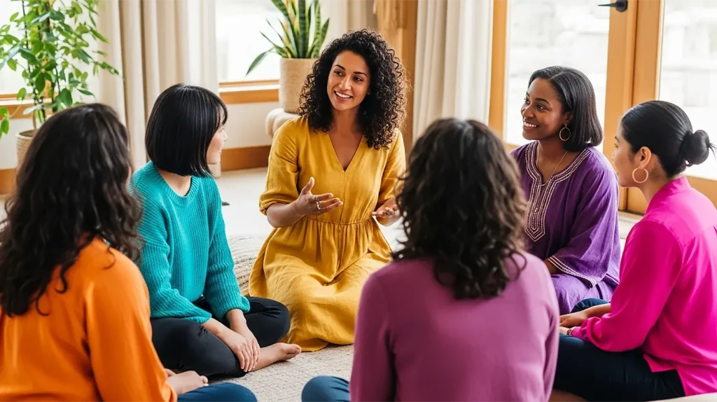 A woman sitting a women's circle as part of her coaching business