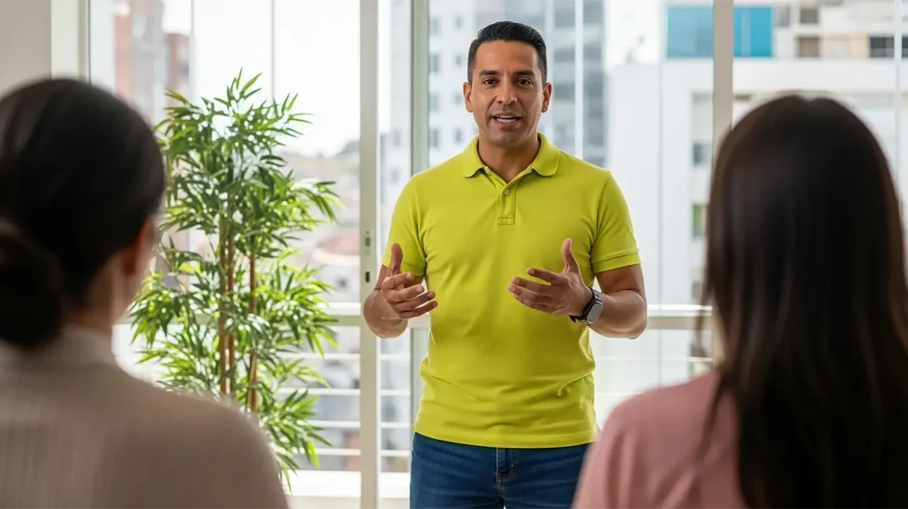 A man talking to his clients and avoiding common coaching mistakes