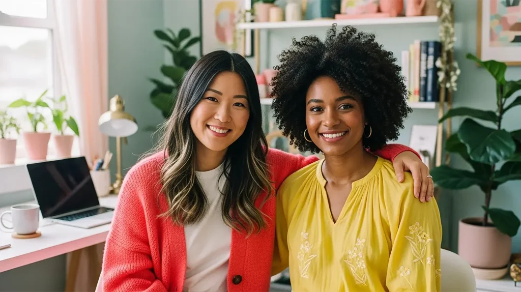 An extraordinary coach with her coachee in a feminine-designed office