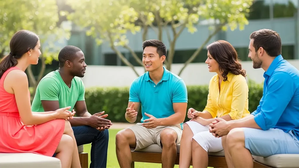 A man in a circle with his coachee at his full-time coaching business