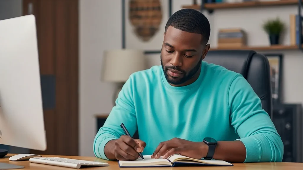 A coach writing in a notebook at a desk in a home office