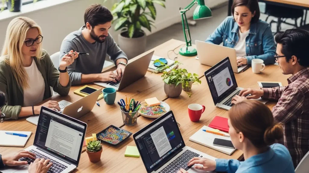 People working on achieving success as a coah on their laptops at an office