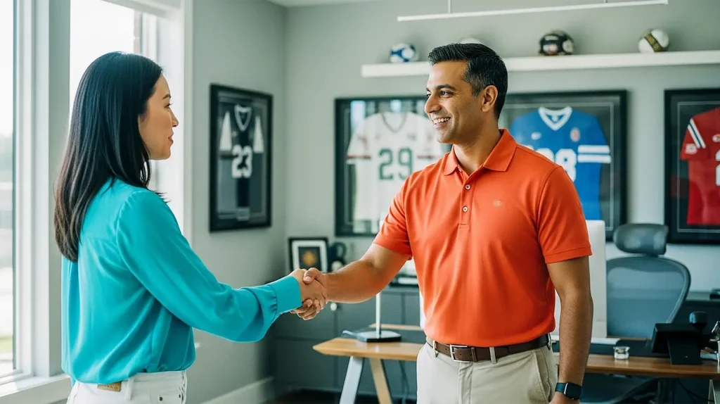 A coach shaking hands with his client after selling coaching packages in a sports-decorated office