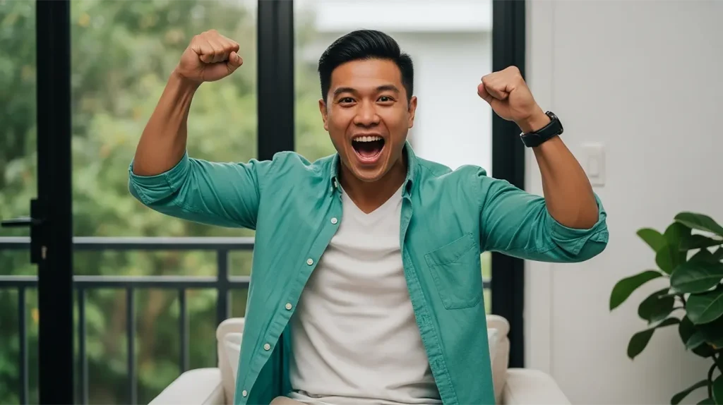 A man celebrating the success of his coaching practice