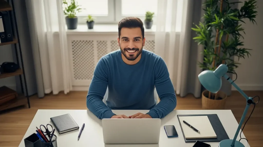 A man working on his laptop, following marketing rules for his coaching business