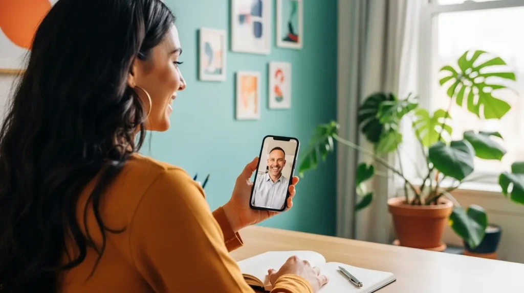A woman on a video call with a man on her phone