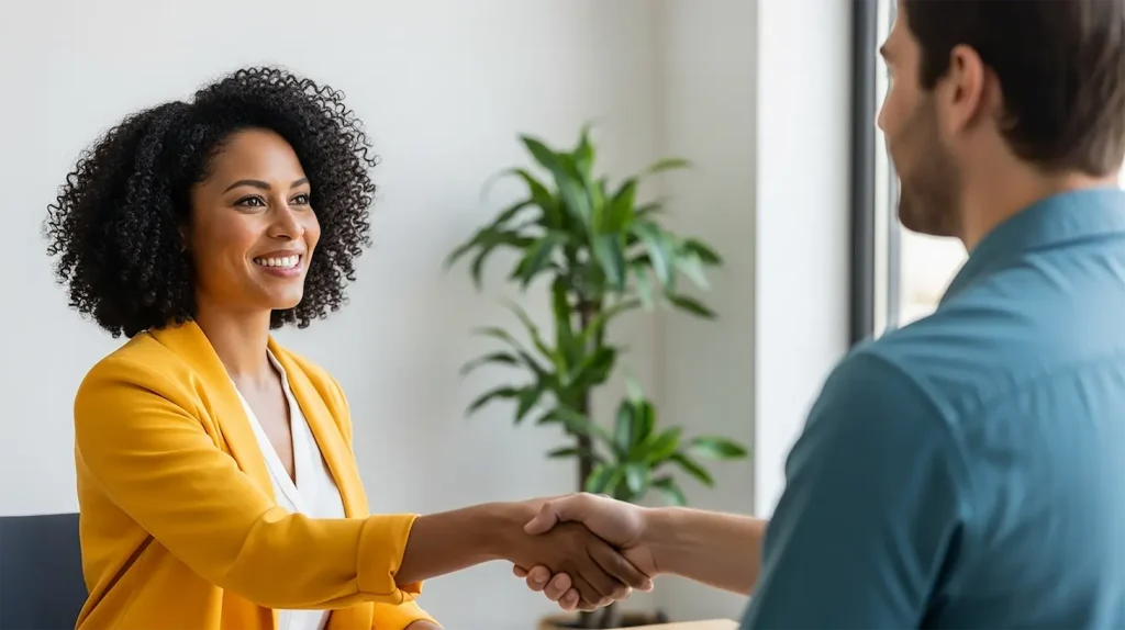 A woman shaking hands and having a sales conversation with a client