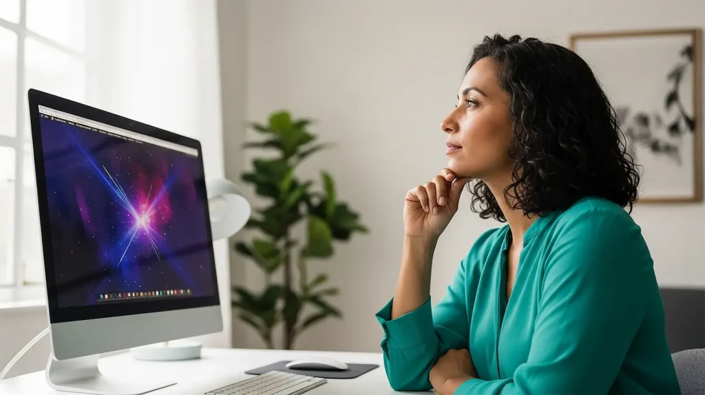A woman asking herself self-coaching questions while sitting at a desk in a home office