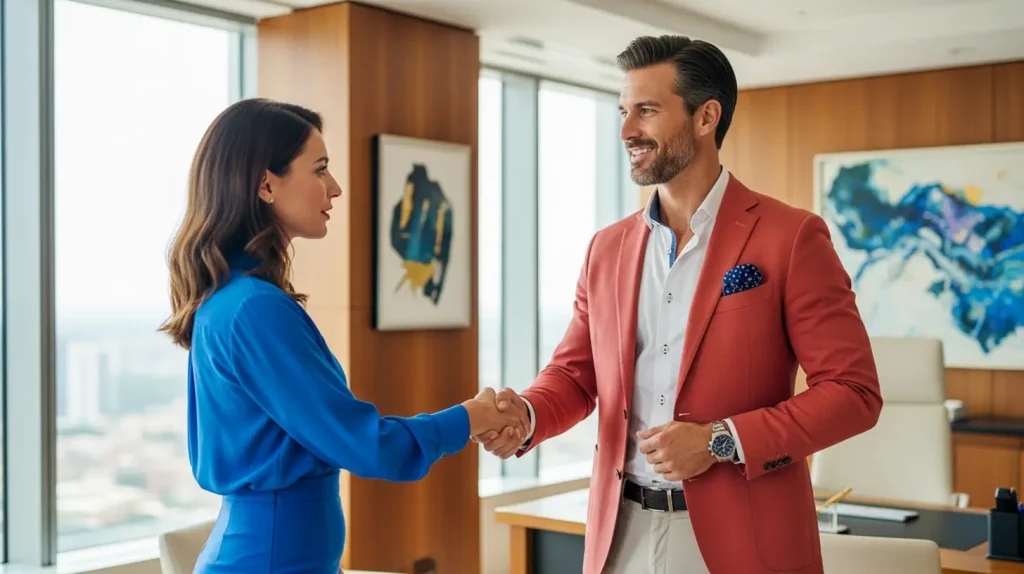 A coach selling with integrity to his coachee in a luxurious office