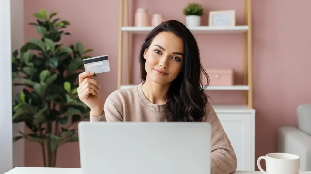 A woman holding a credit card, following the spending tips
