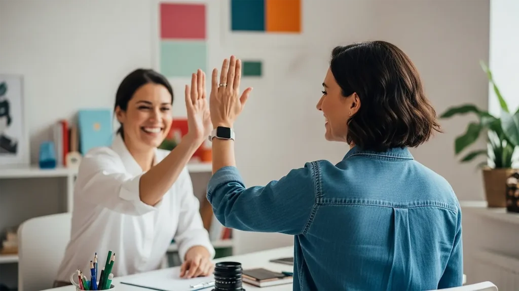 A coach giving her client a high-five for the art of completion