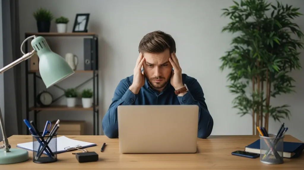 A man looking frustrated at coaching mistakes on a laptop