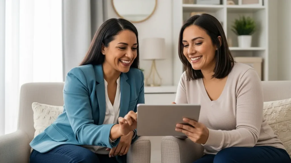 A coach showing her coaching products with her client