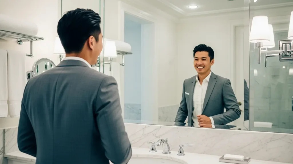 A man looking at his reflection in the mirror and learning how to build confidence