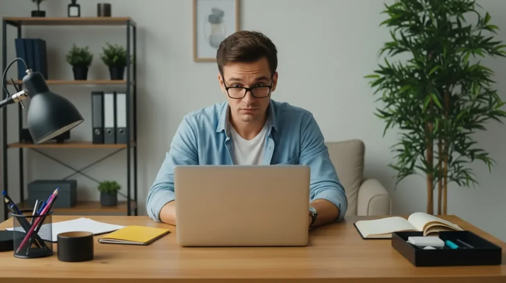 A man on his laptop, learning how to deal with fears around sales