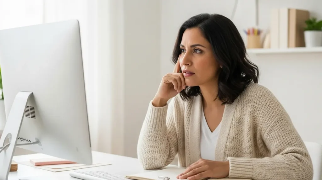 A woman looking at her computer in frustration