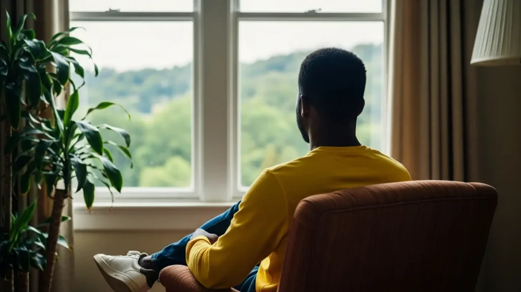 An uncoachable client sitting on a chair and looking out the window