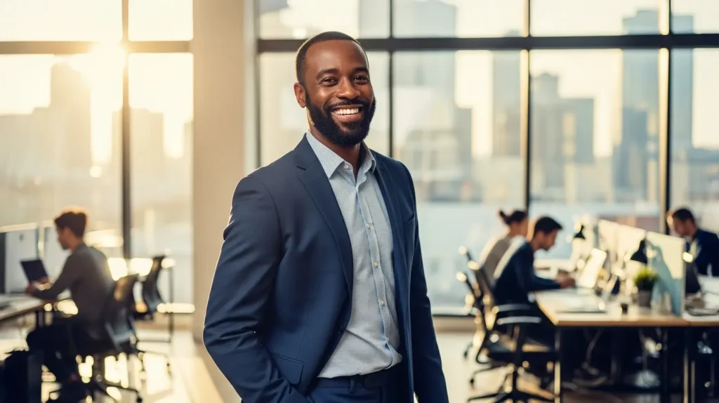 A coach whose business is doing better than he thinks, standing in the middle of an open-concept office