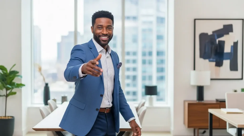 A man demonstrating his coaching skills in a modernly-designed office