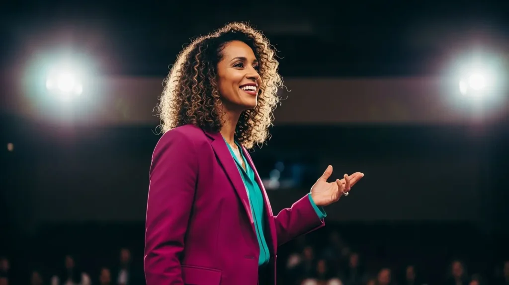 A confident public speaker talking on stage to a crowd