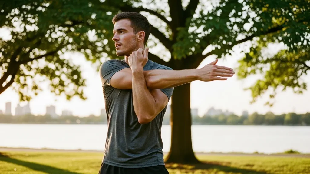 A man following a productive daily routine for coaches with stretching outdoors