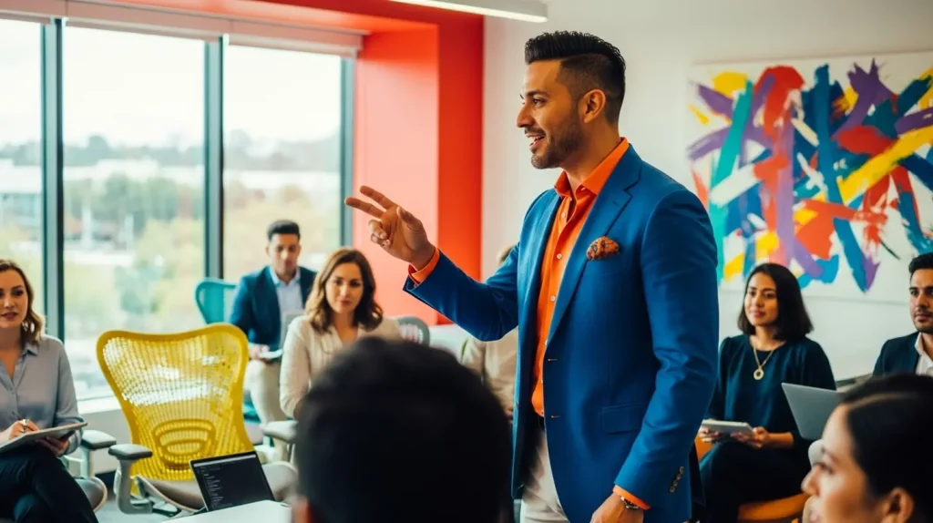 A successful coach speaking to company employees