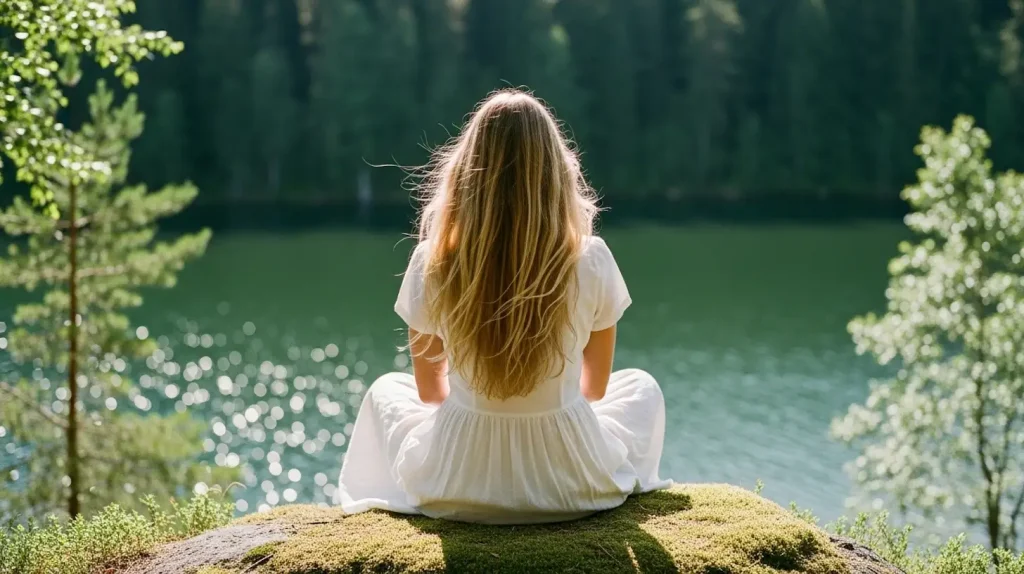 A woman sitting at a lake and learning how to tune into your intuition