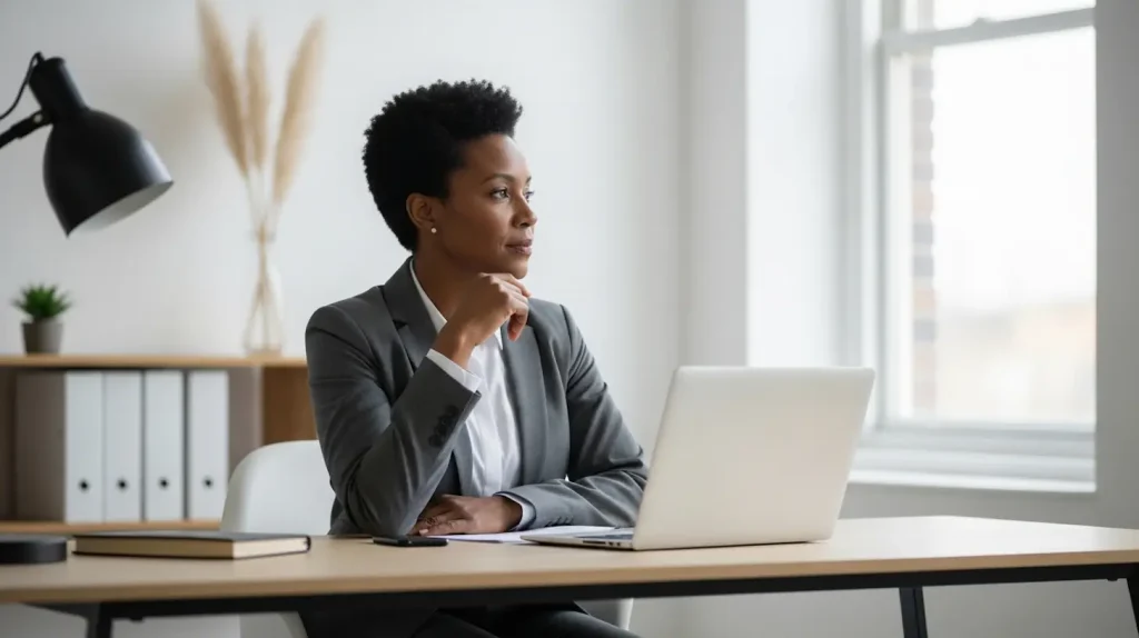 A woman working on her six-figure business on her laptop in a home office