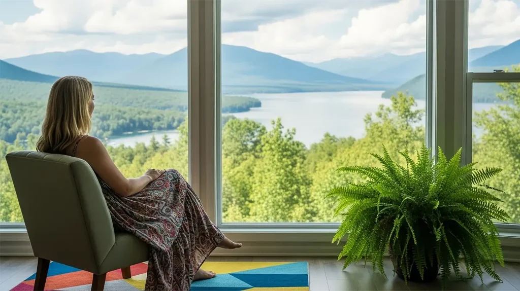 A woman looking out into peaceful nature, not sabotaging success