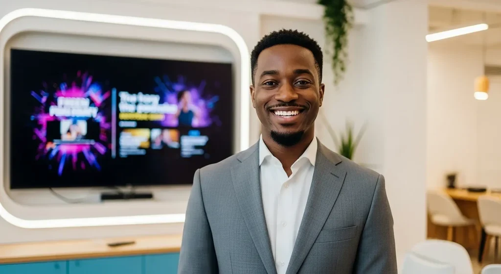 A man standing in front of a screen to hire a coach