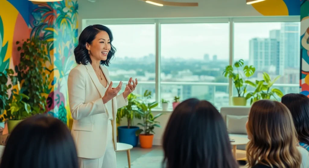 A transformational coach talking to employees of a company