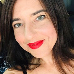 a woman with red lipstick