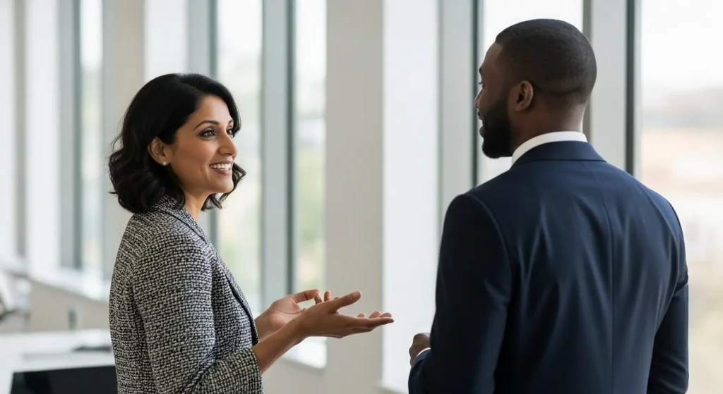 A coaching leader talking to her coachee in an office