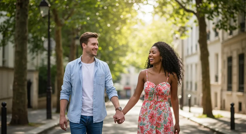 A couple walking down a street and holding hands