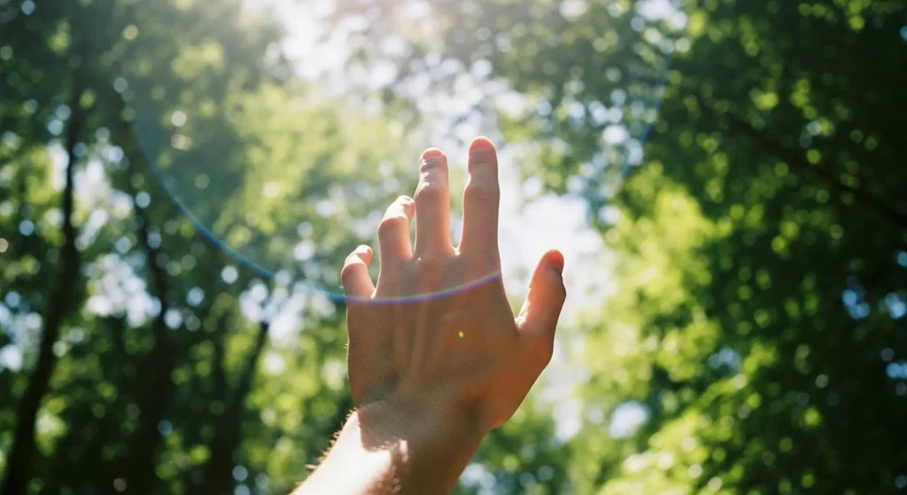 A hand reaching into the sky with spiritual intelligence in a nature background