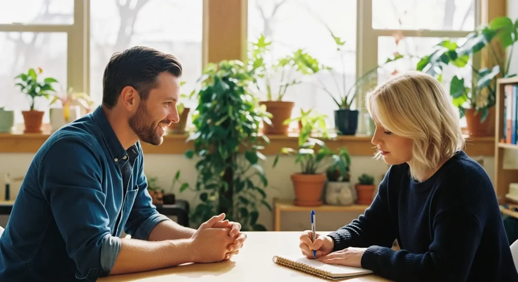 A coach vs. mentor sitting at a table in a cozy room