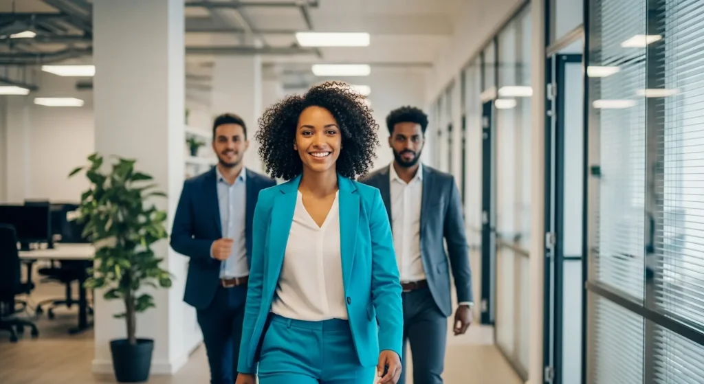 A female leader operating from one of the six power bases, walking through an office with employees behind her