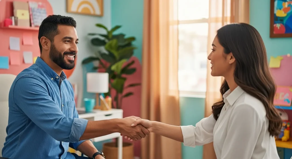 A coach shaking hands with his coachee in a colorful office