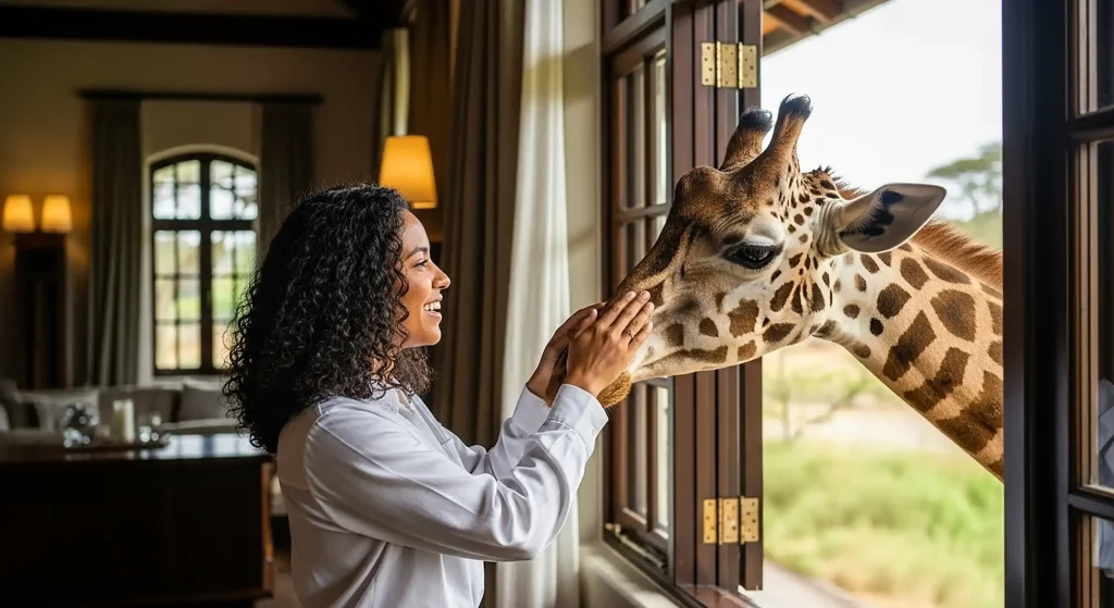 A woman petting a giraffe